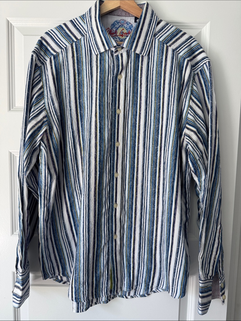 Robert Graham White, Blue and Navy Vertical Stripe Dress Shirt